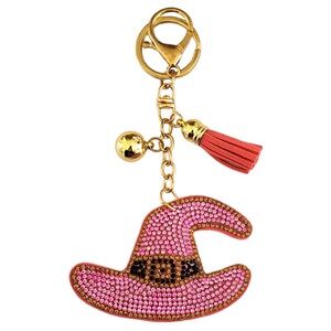 Halloween Wicked Pink Witch Hat Rhinestone Bag Charm Keyring